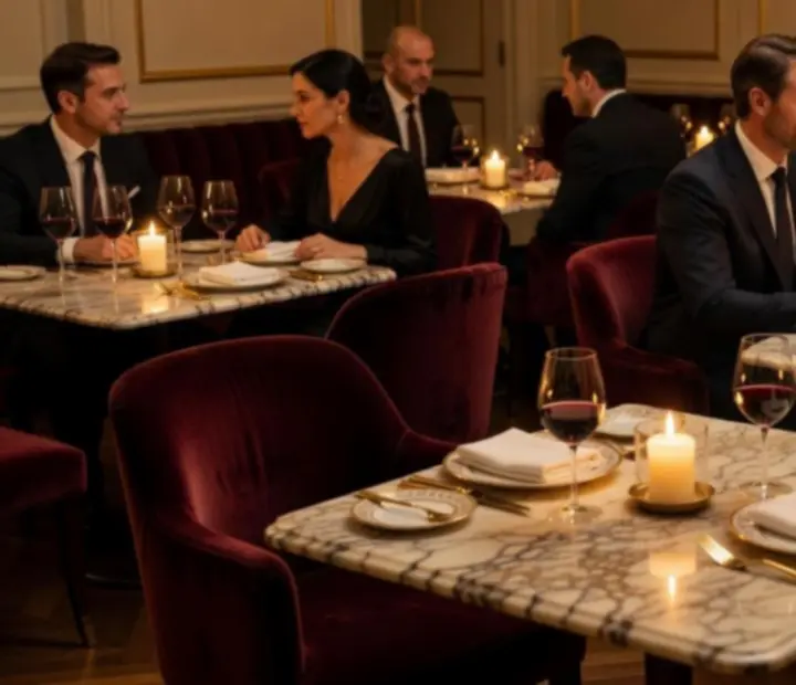 Elegáns éttermi belső bársonyszékekkel, márványasztalokkal és arany fényekkel Budapesten
