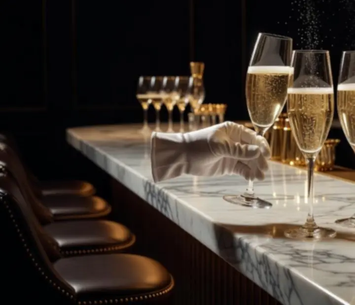 Pezsgő és champagne elegáns poharakban felszolgálva egy budapesti bárban
