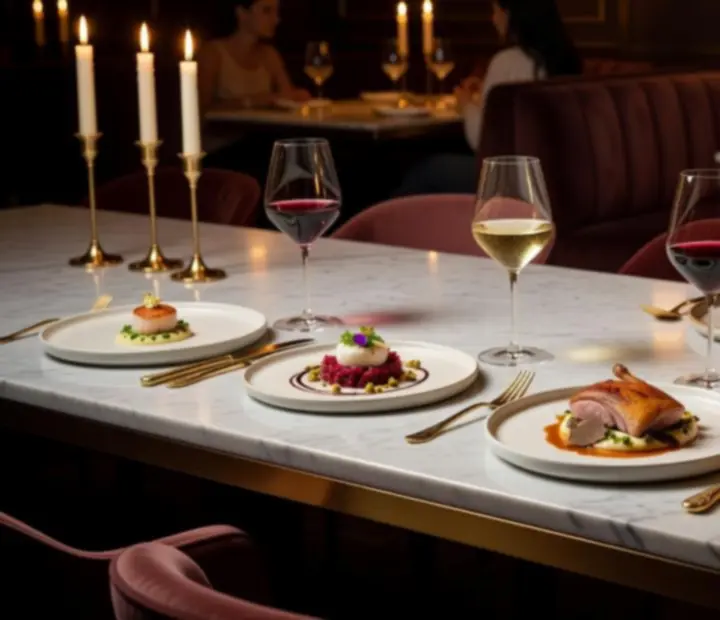 Többfogásos degusztációs menüsor elegáns márvány asztalon tálalva