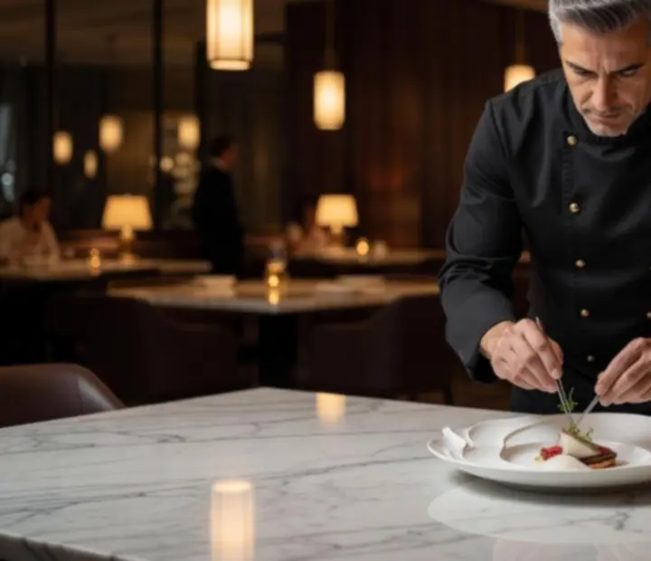 Fine dining séf modern magyar fogást tálal elegáns környezetben