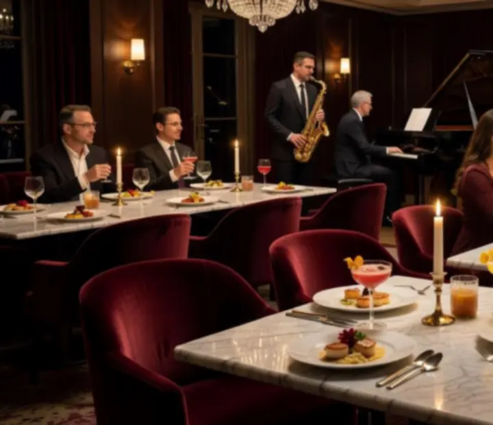 Fine dining étterem elegáns enteriőrrel, márvány asztalokkal és bársonyszékekkel Budapesten