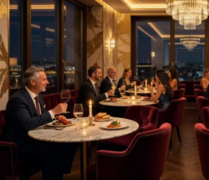 Exkluzív fine dining és poker enteriőr márvány asztalokkal, bársonyfotelekkel és arany fényekkel Budapesten