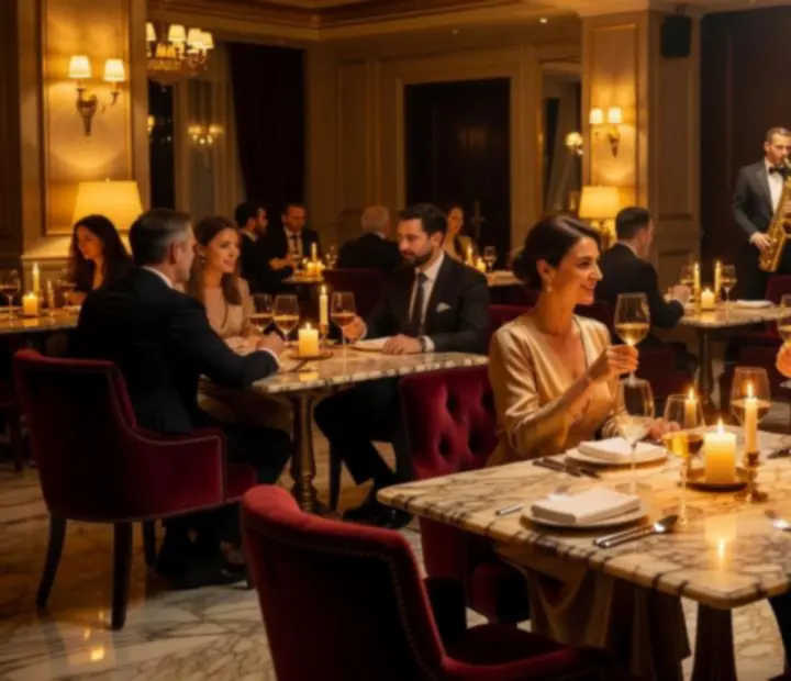 Luxus éttermi enteriőr, gyertyafény és elegáns vendégek