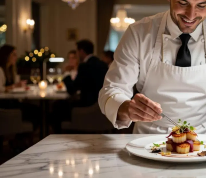 Séf elegáns fine dining fogást tálal márvány asztalnál