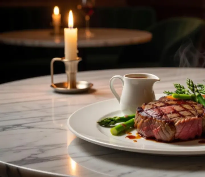 Prémium steak különlegesség márvány asztalon tálalva, fine dining környezetben