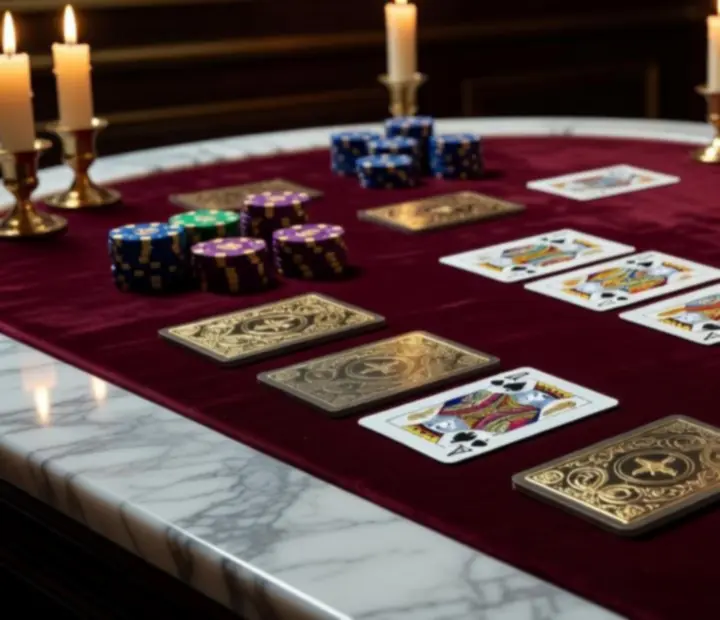 Szimbolikus poker zsetonok és luxus kivitelű kártyák elegáns asztalon