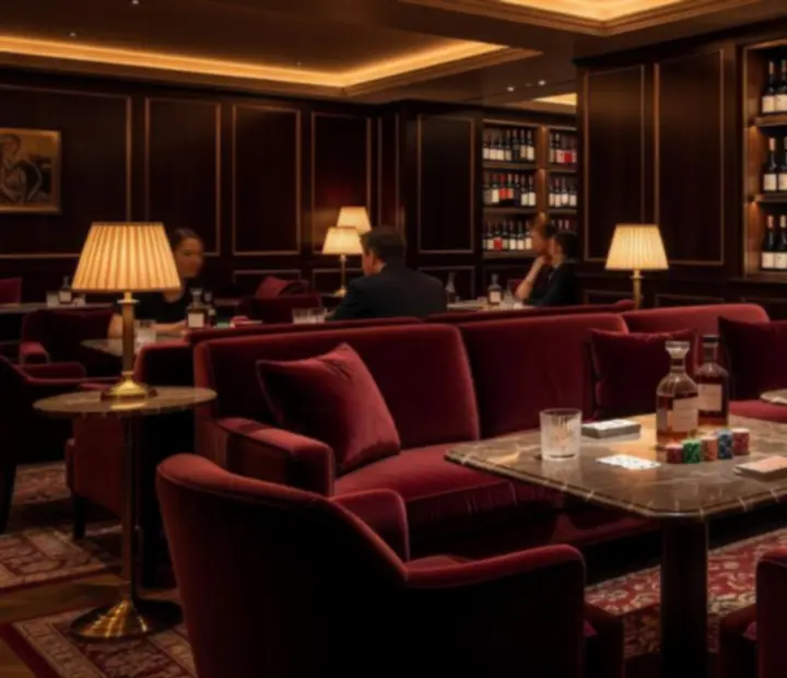 VIP lounge luxus környezetben, bársonyfotelekkel és privát poker teremmel